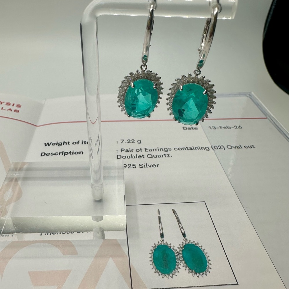 Authentic Paraiba doublet quartz earrings in Silver 925 settings, with cert🌺